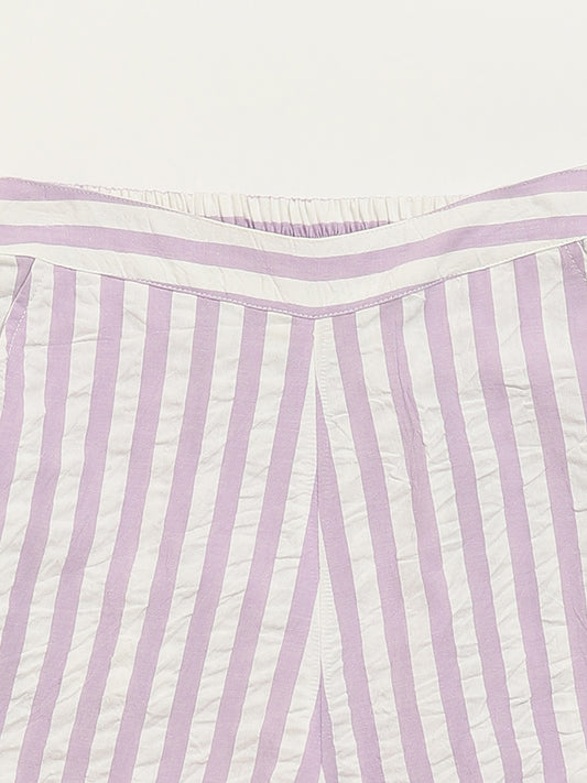 Utsa Kids Light Purple Cotton Striped High-Rise Palazzos (8 -14yrs)