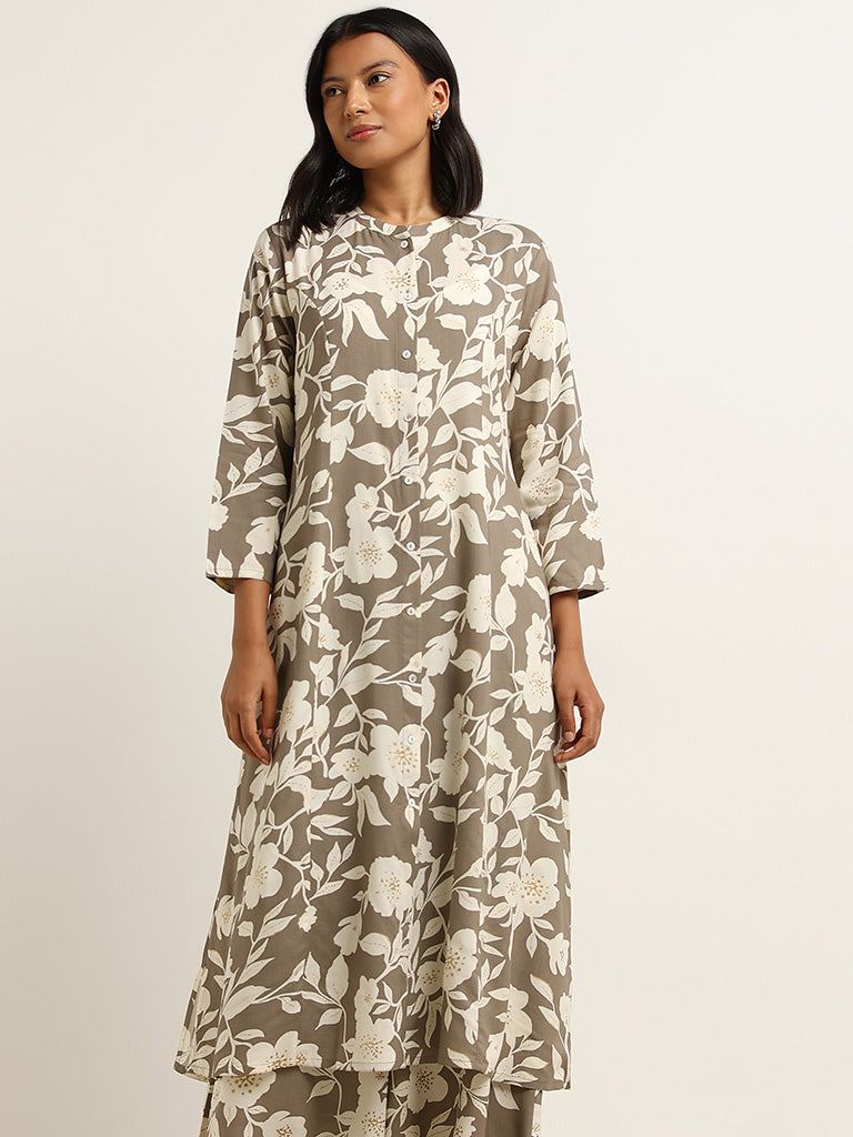 Utsa Dark Taupe Floral Design A-line Kurta