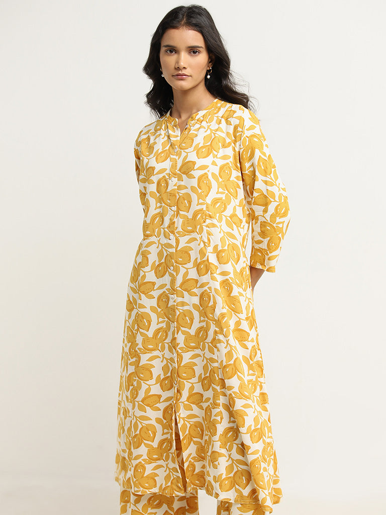 Utsa Yellow Floral Printed A-Line Kurta