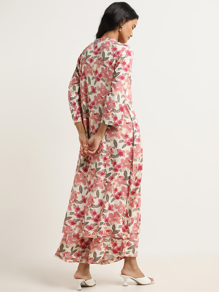 Utsa Pink Floral Patterned A-line Kurta