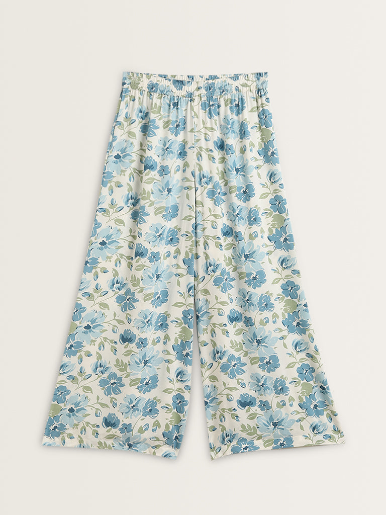 Utsa Blue Floral Printed Mid-Rise Palazzos