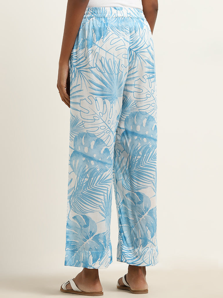 Utsa Blue Leaf Printed High-Rise Palazzos