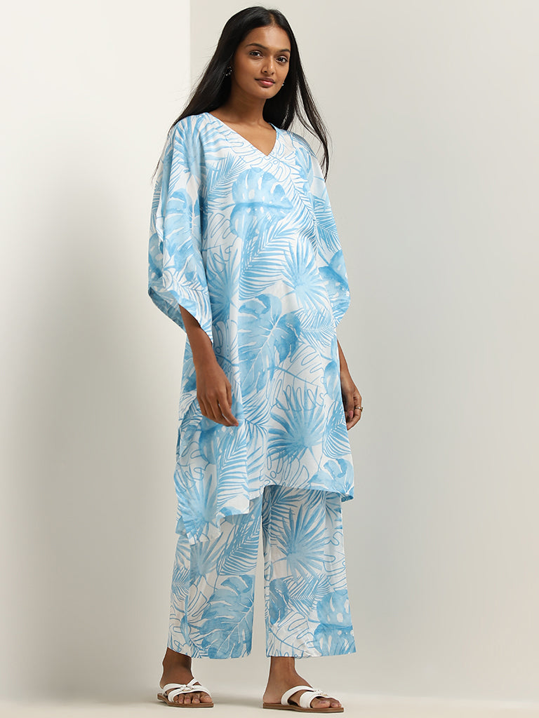 Utsa Blue Leaf Printed High-Rise Palazzos