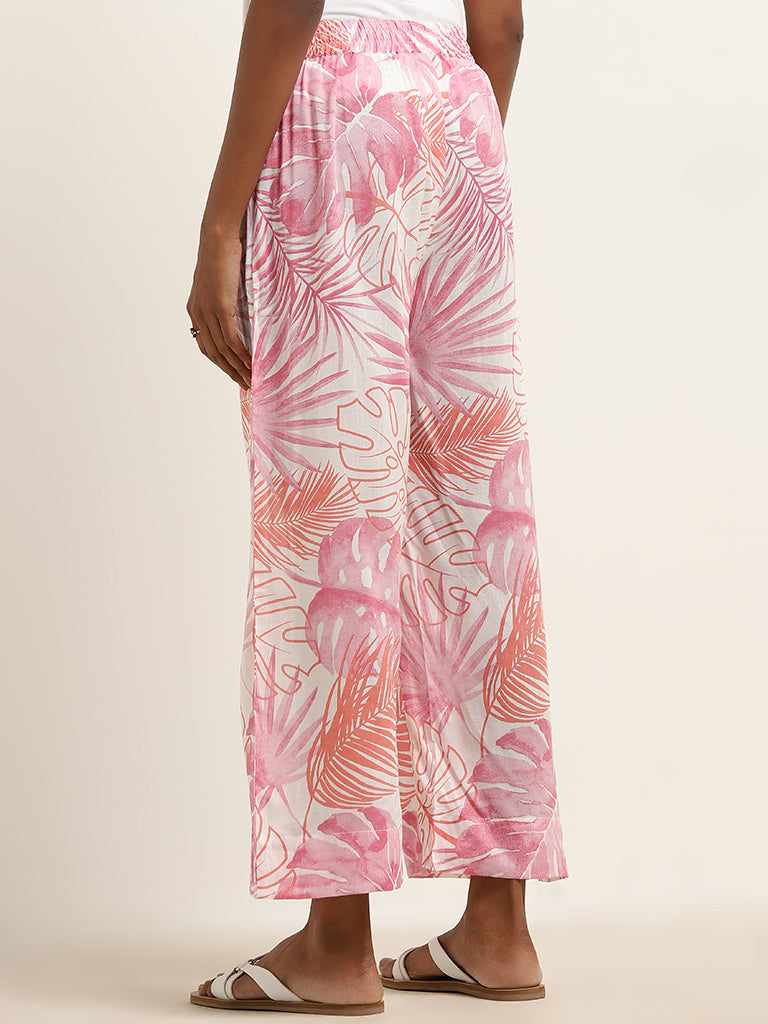 Utsa Pink Leaf Design High-Rise Palazzos