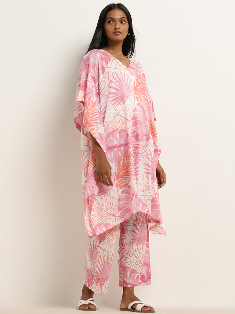 Utsa Pink Leaf Design High-Rise Palazzos