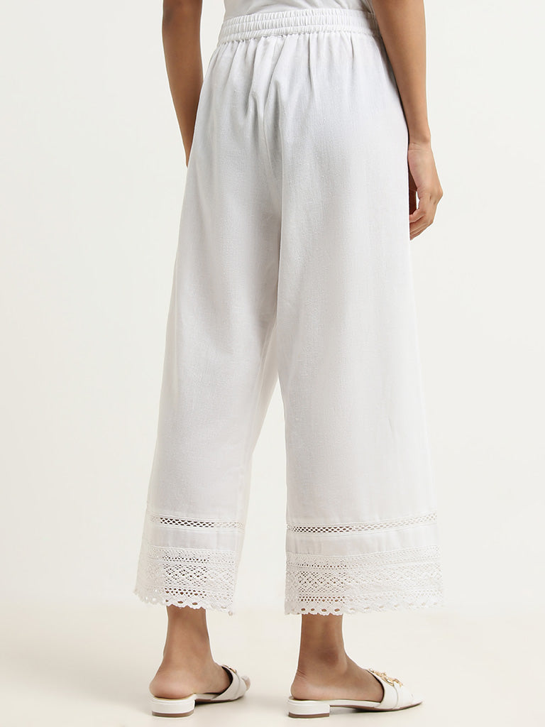 Utsa White Crochet-Detailed Mid-Rise Cotton Blend Palazzos