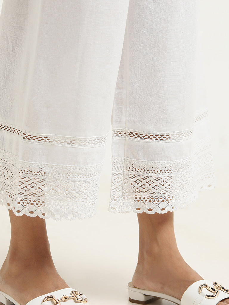 Utsa White Crochet-Detailed Mid-Rise Cotton Blend Palazzos