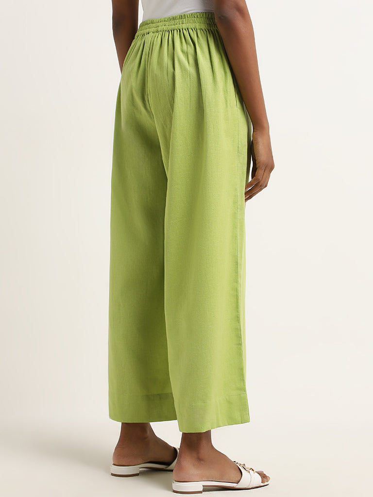 Utsa Green Flared High-Rise Cotton Blend Palazzos