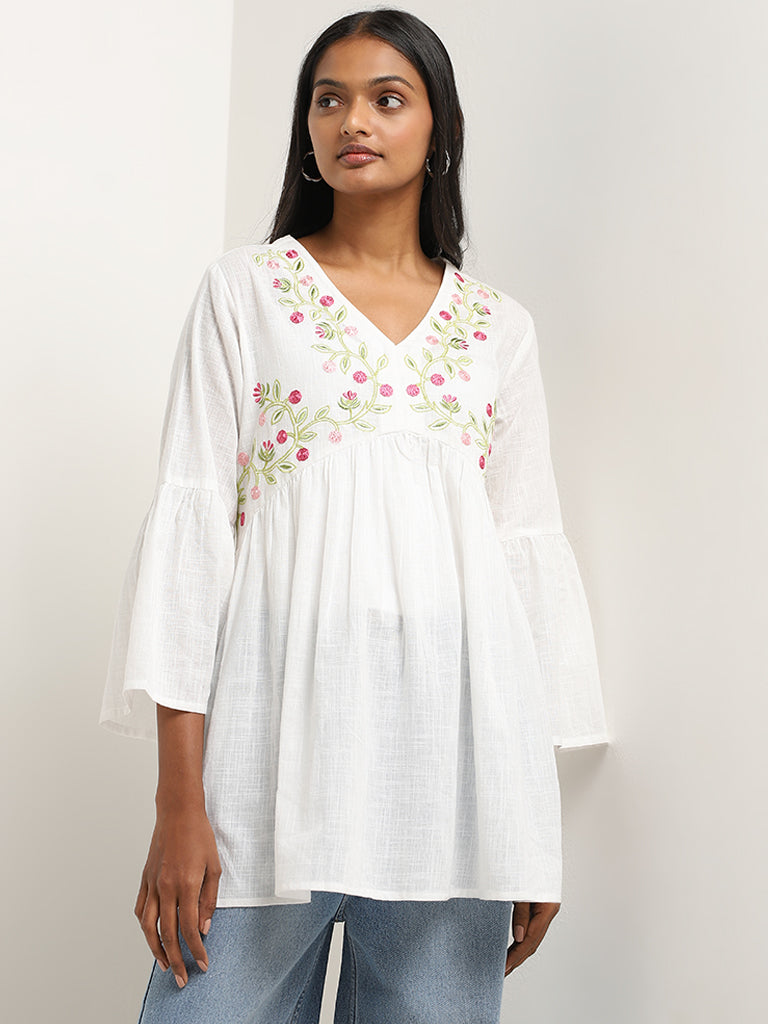 Utsa White Floral Embroidered A-Line Cotton Kurti