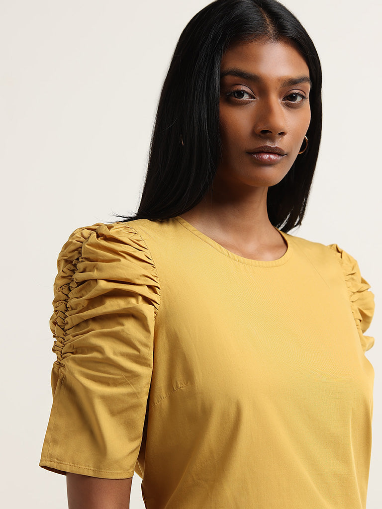 Wardrobe Mustard Ruched Cotton Top