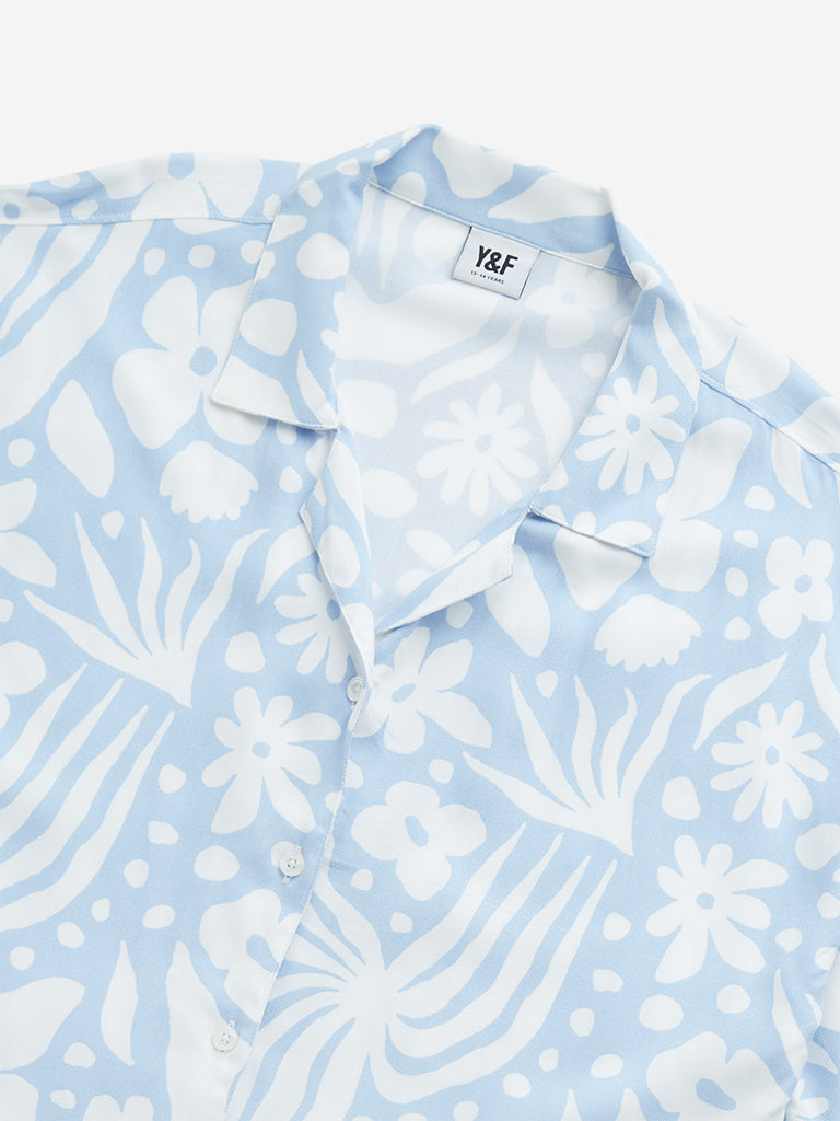 Y&F Kids Blue Floral Print Cotton Cropped Shirt