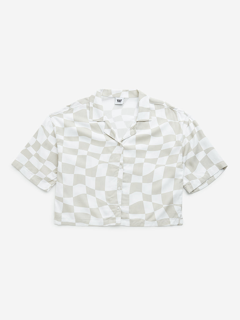 Y&F Kids Beige Checkered Print Cotton Cropped Shirt