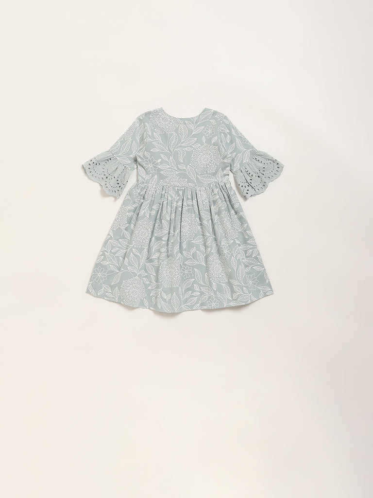 Utsa Kids Blue Foliage Printed A-Line Cotton Dress - (2 -8yrs)