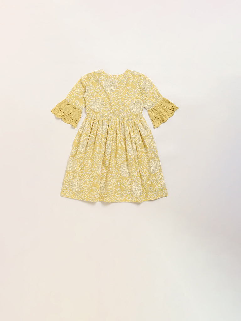 Utsa Kids Mustard Floral Design A-Line Cotton Dress - (2 -8yrs)