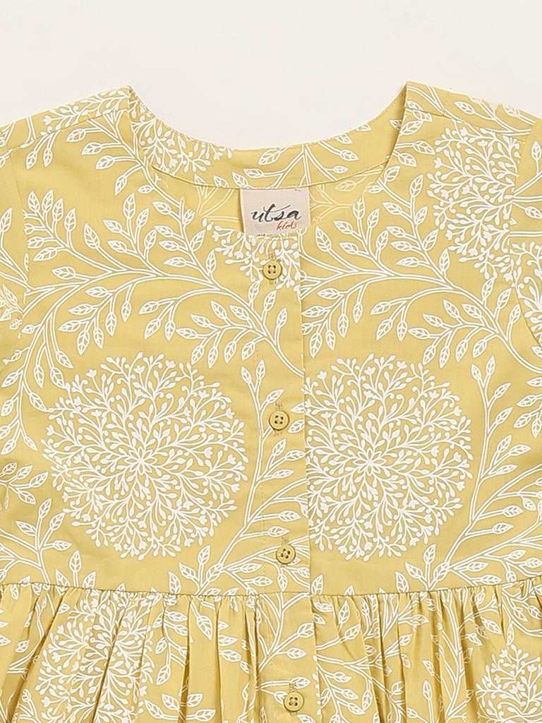 Utsa Kids Mustard Floral Design A-Line Cotton Dress - (2 -8yrs)