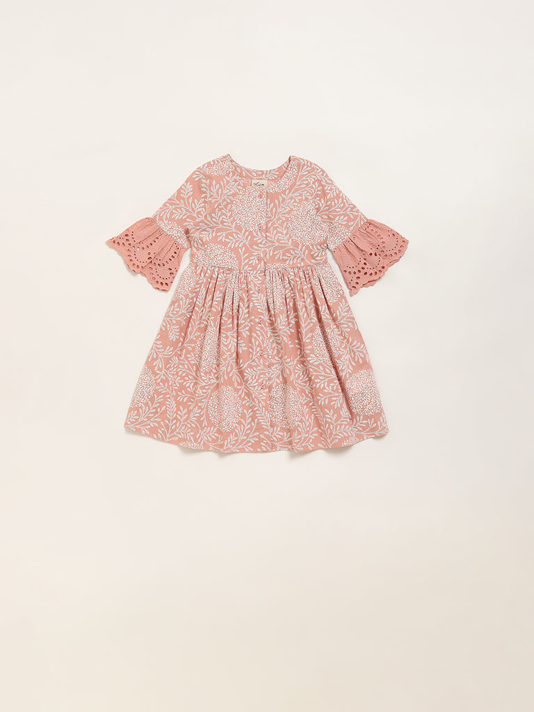 Utsa Kids Dull Pink Floral Design A-Line Cotton Dress - (2 -8yrs)