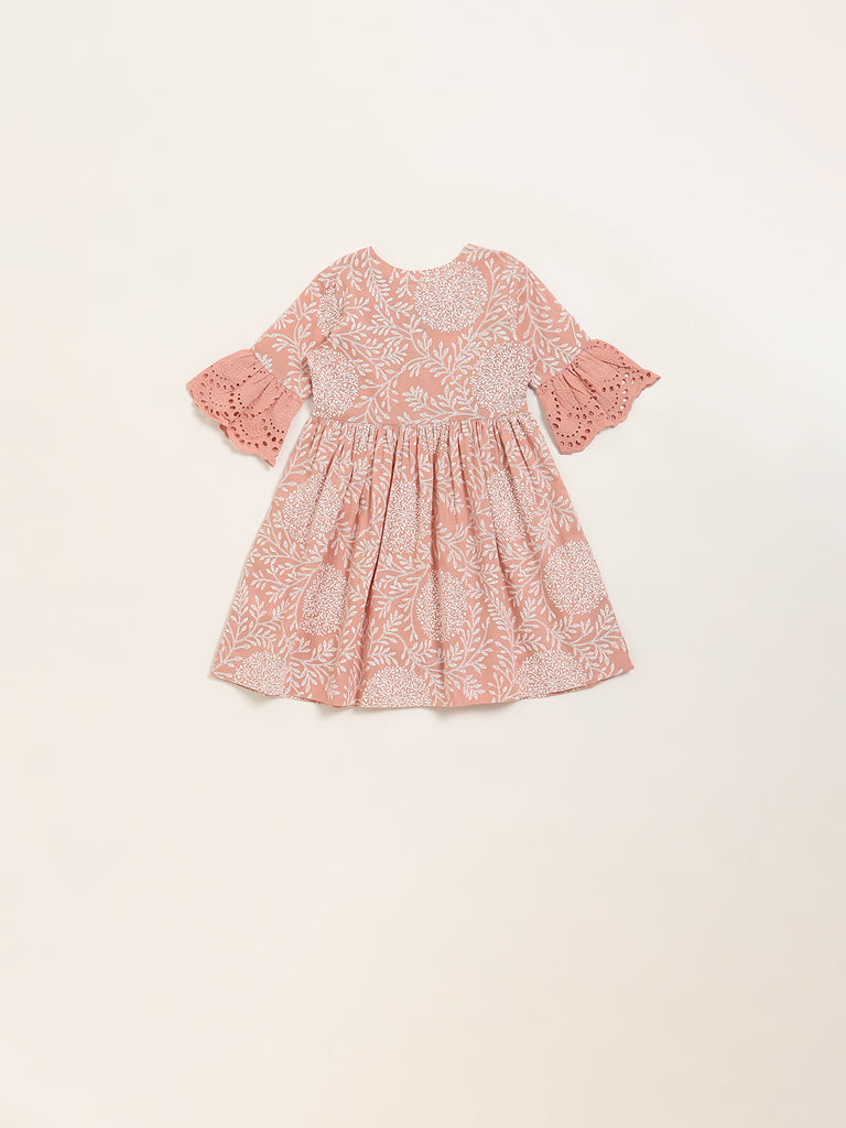 Utsa Kids Dull Pink Floral Design A-Line Cotton Dress - (2 -8yrs)