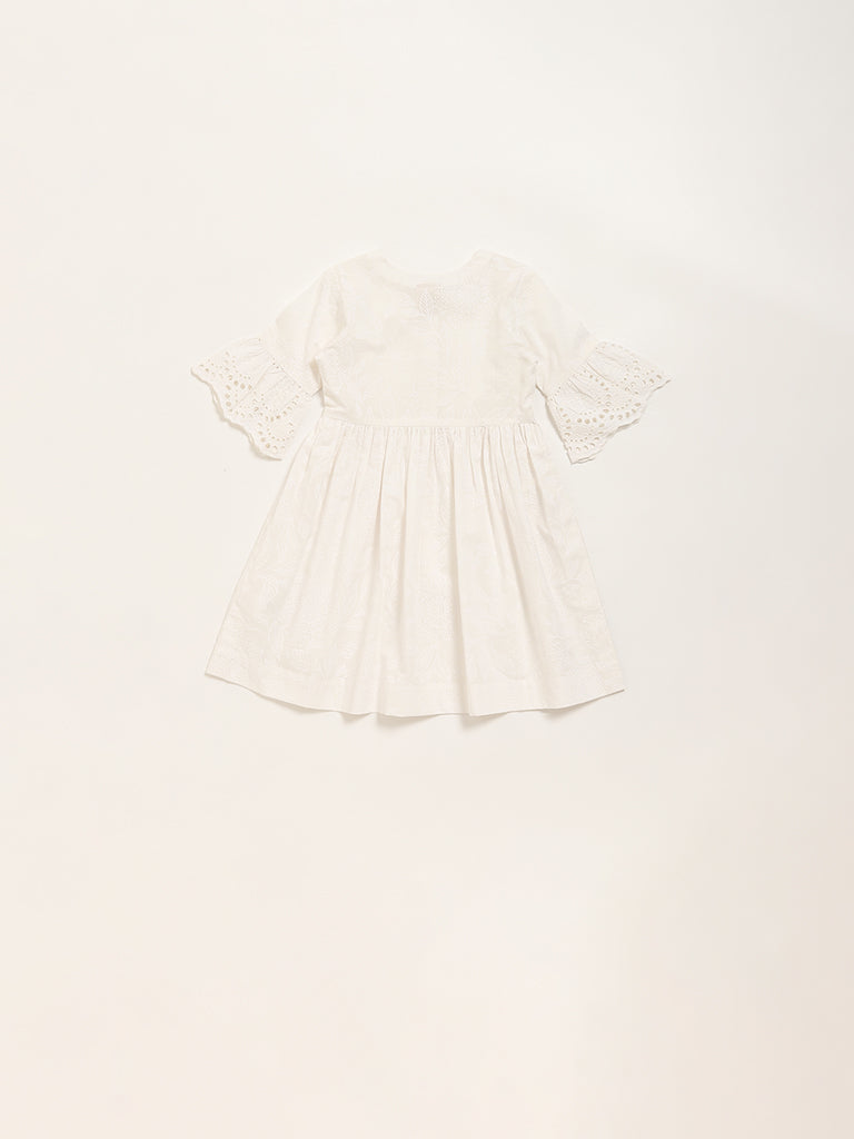 Utsa Kids White Botanical Design A-Line Cotton Dress - (2 -8yrs)