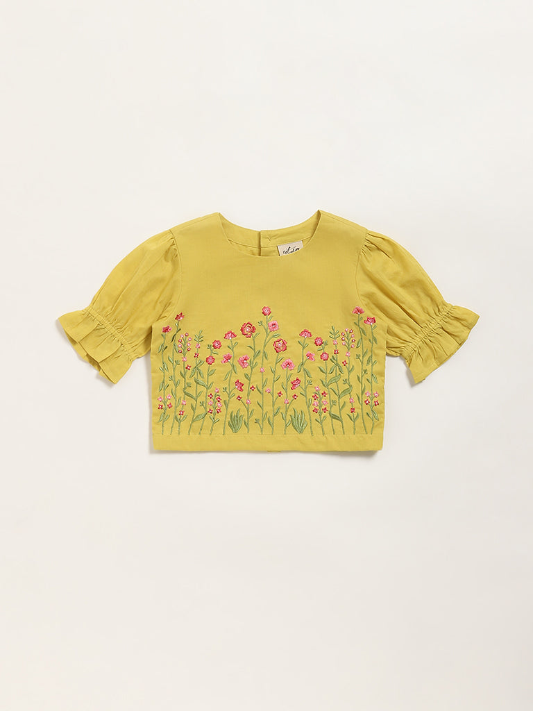 Utsa Kids Mustard Floral Embroidered Cotton Top - (2 -8yrs)