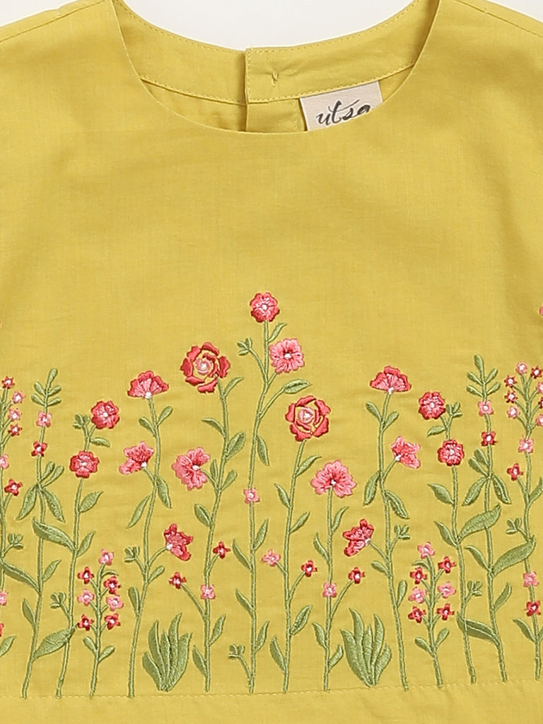 Utsa Kids Mustard Floral Embroidered Cotton Top - (2 -8yrs)