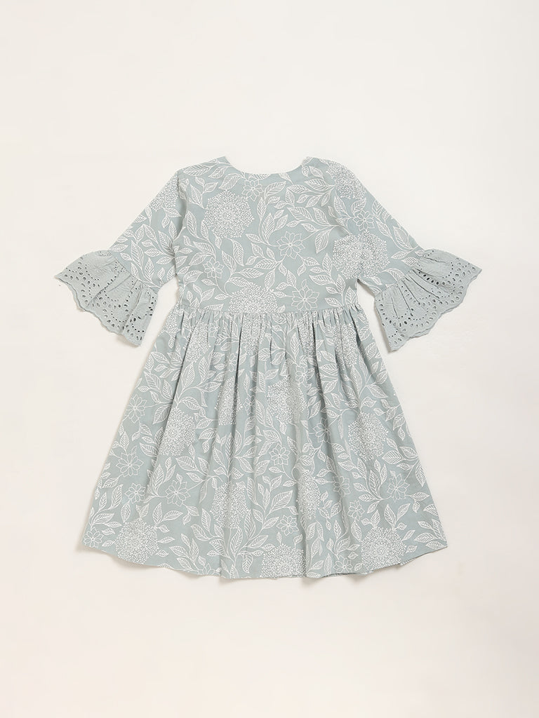 Utsa Kids Blue Foliage Printed A-Line Cotton Dress - (8 -14yrs)