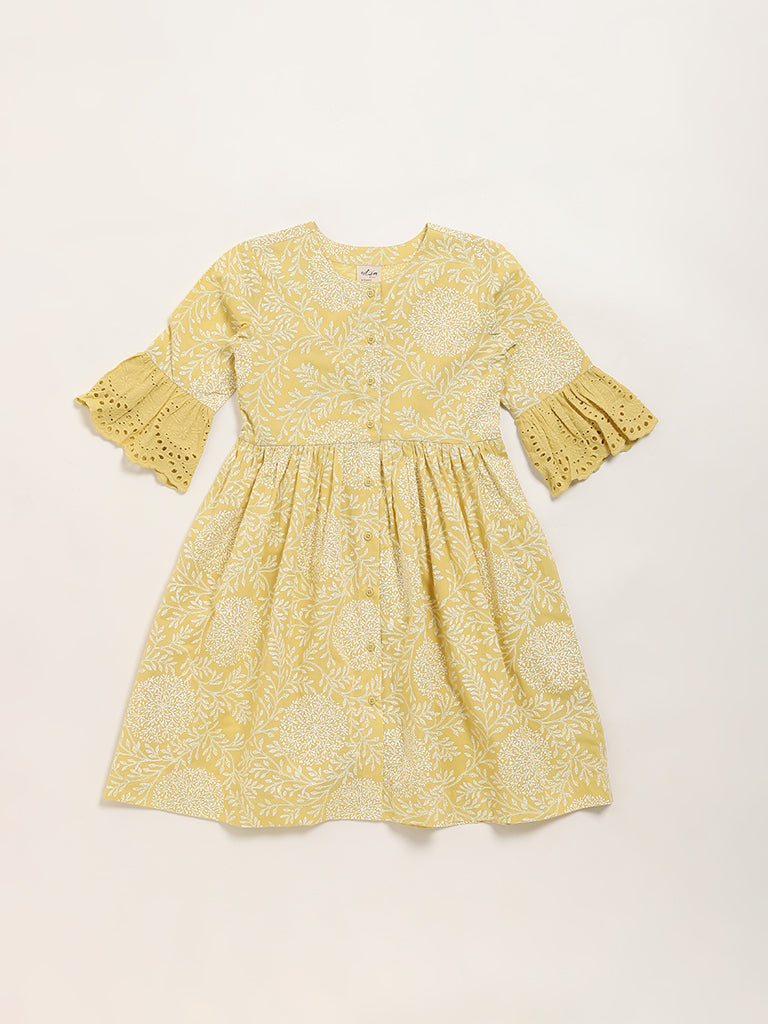 Utsa Kids Mustard Floral Design A-Line Cotton Dress - (8 -14yrs)