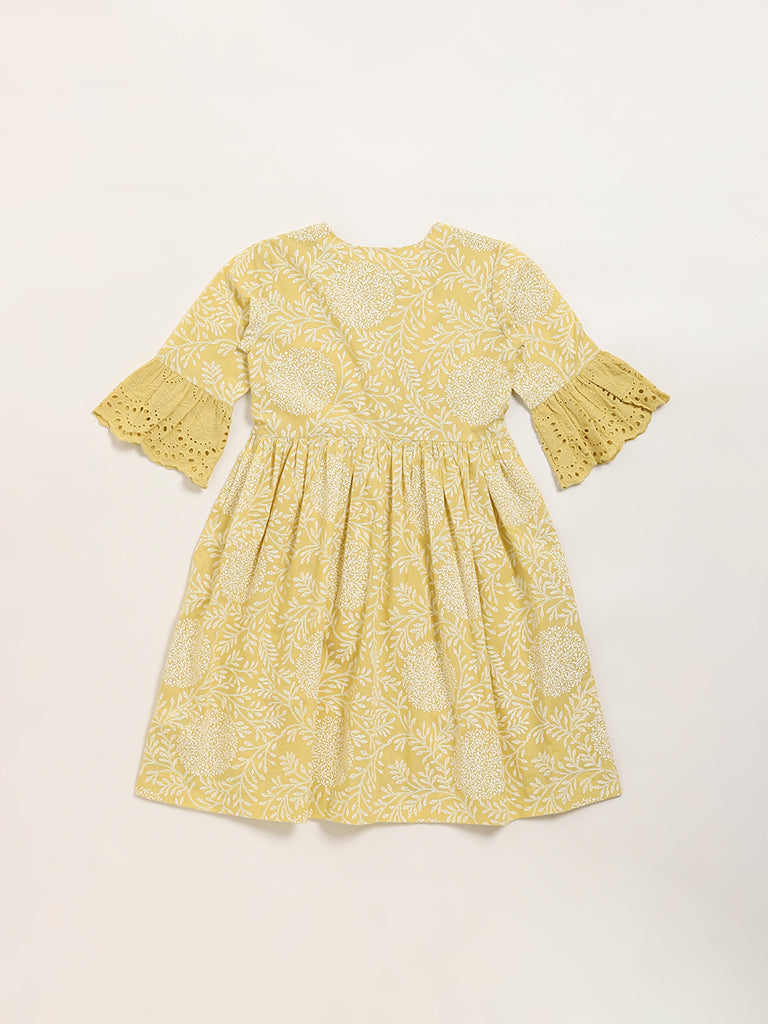 Utsa Kids Mustard Floral Design A-Line Cotton Dress - (8 -14yrs)