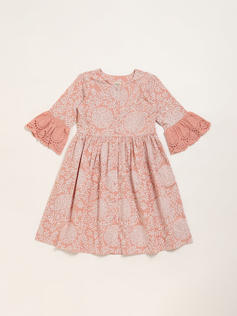 Utsa Kids Dull Pink Floral Design A-Line Cotton Dress - (8 -14yrs)