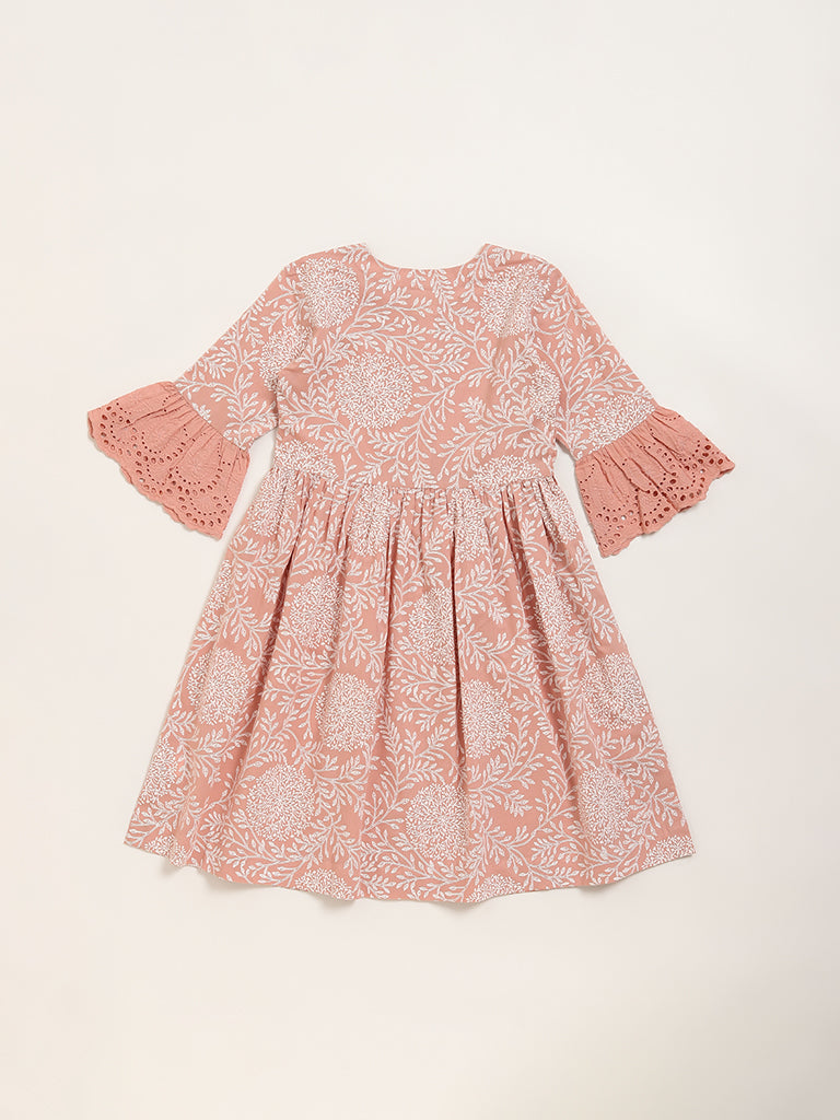 Utsa Kids Dull Pink Floral Design A-Line Cotton Dress - (8 -14yrs)