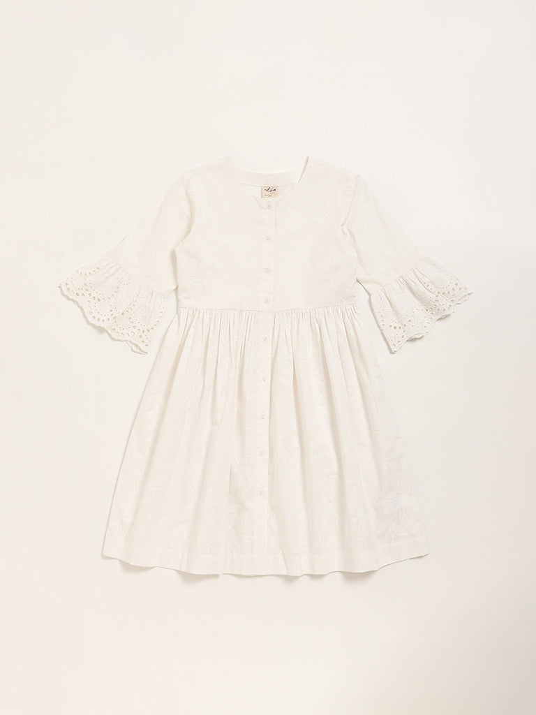 Utsa Kids White Botanical Design A-Line Cotton Dress - (8 -14yrs)