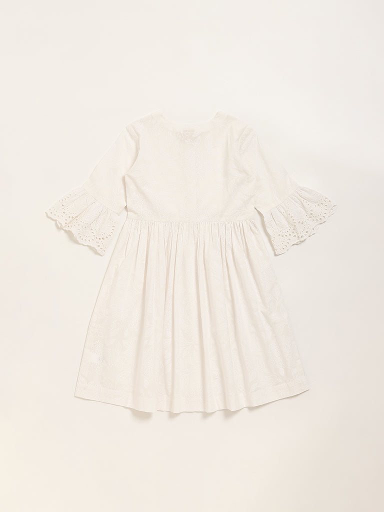 Utsa Kids White Botanical Design A-Line Cotton Dress - (8 -14yrs)