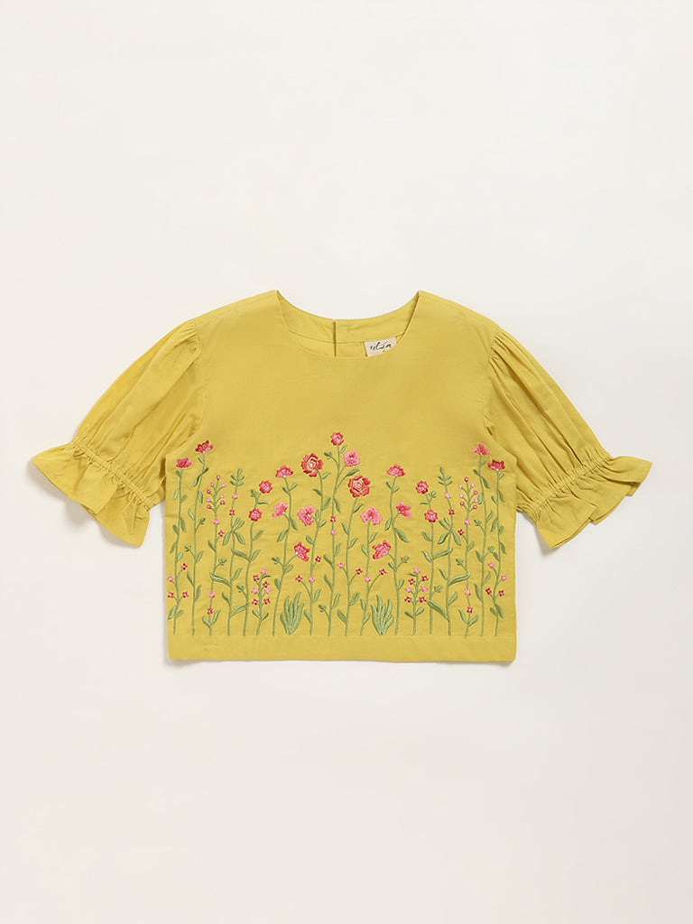 Utsa Kids Mustard Floral Embroidered Cotton Top - (8 -14yrs)