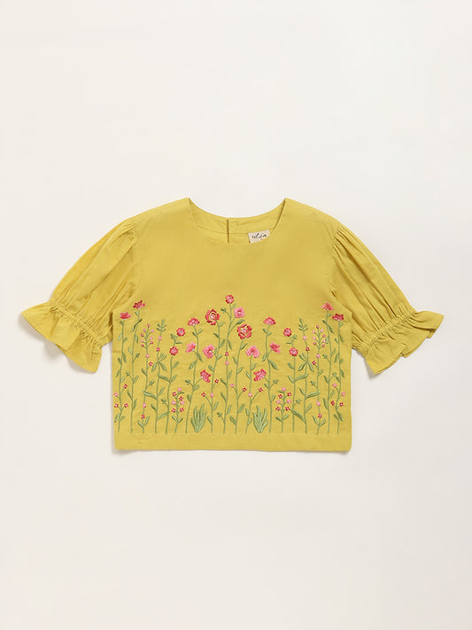 Utsa Kids Mustard Floral Embroidered Cotton Top (8 -14yrs)