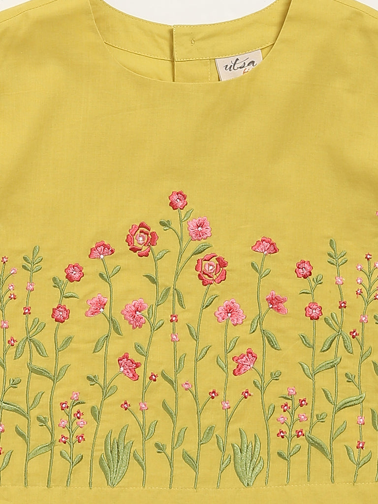 Utsa Kids Mustard Floral Embroidered Cotton Top - (8 -14yrs)