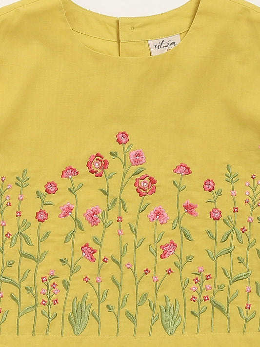 Utsa Kids Mustard Floral Embroidered Cotton Top (8 -14yrs)