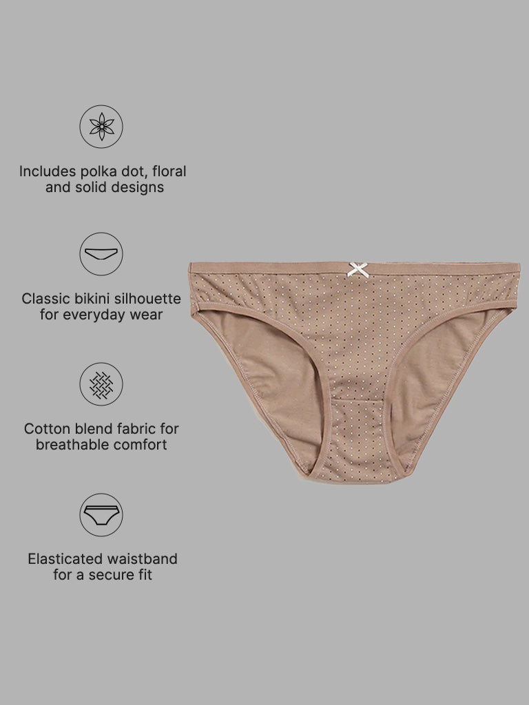 Wunderlove Light Taupe Printed Bikini Briefs - Pack of 3