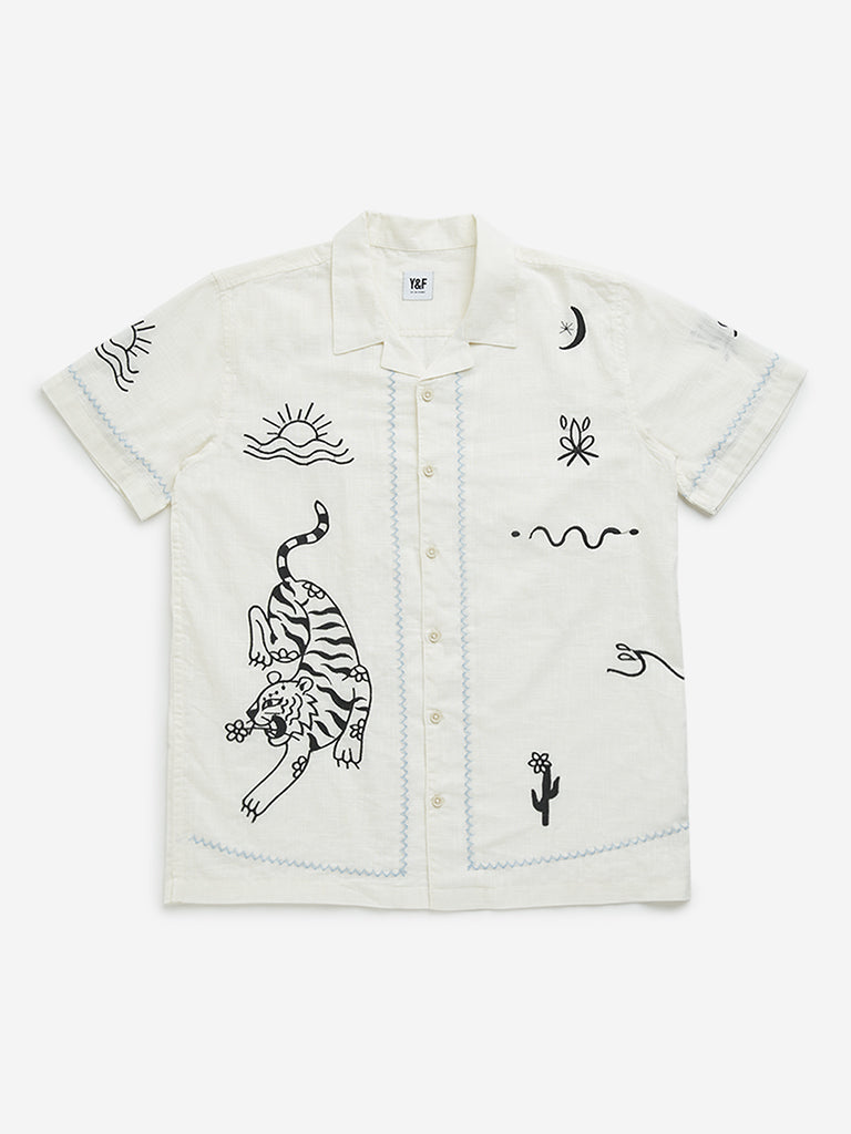 Y&F Kids Off-White Tiger Printed Cotton Shirt