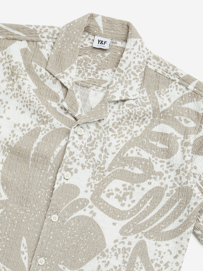 Y&F Kids Taupe Leaf Design Textured Cotton Shirt