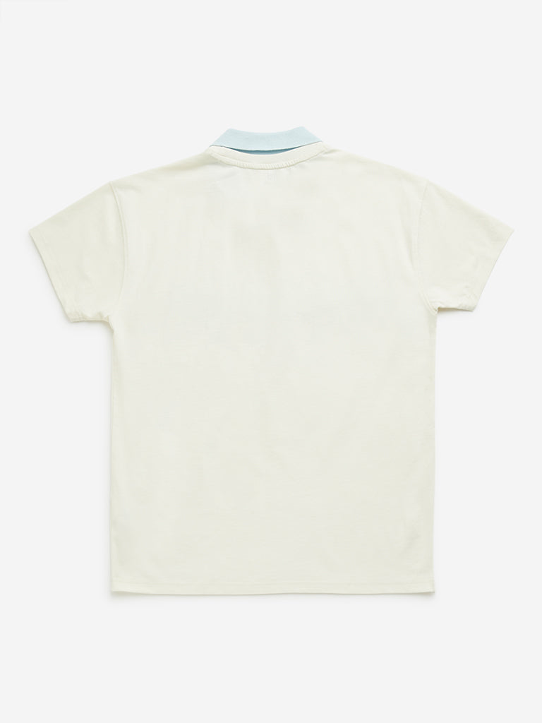 Y&F Kids Off-White Text Print Collared Cotton T-Shirt