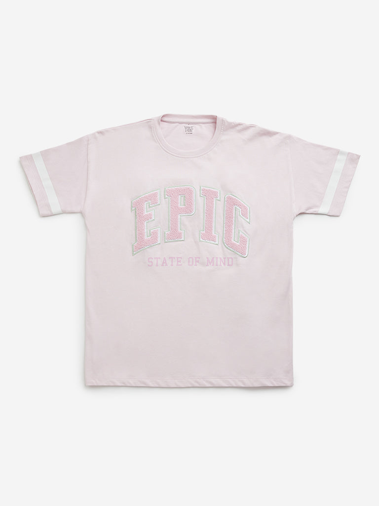 Y&F Kids Pink Text Embroidered Cotton T-Shirt