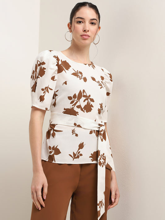 Wardrobe Off-White Printed Wrapped Waist Top