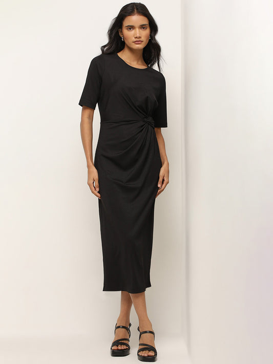 Wardrobe Black Twist Design Ribbed Straight Dress