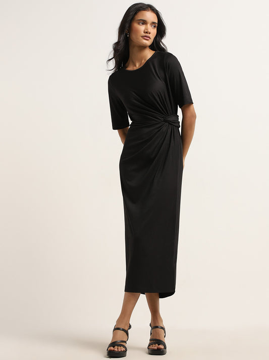 Wardrobe Black Twist Design Ribbed Straight Dress