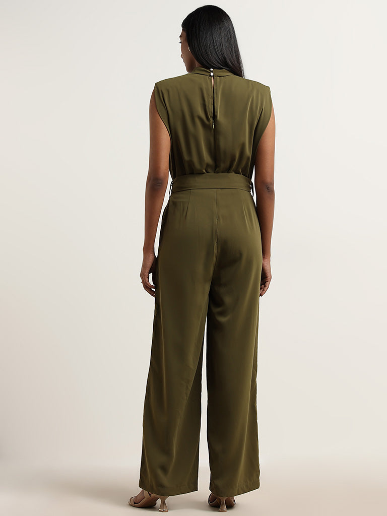 Wardrobe Olive Solid Jumpsuit with Belt