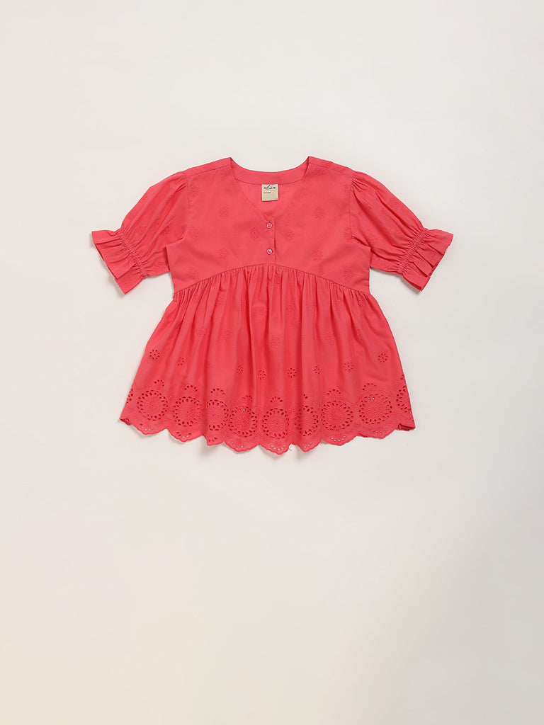 Utsa Kids Coral Schiffli Design Cotton Dress - (2 -8yrs)