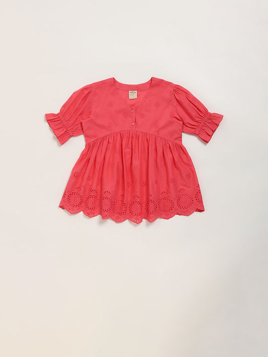 Utsa Kids Coral Schiffli Design Cotton Dress (2 - 8yrs)