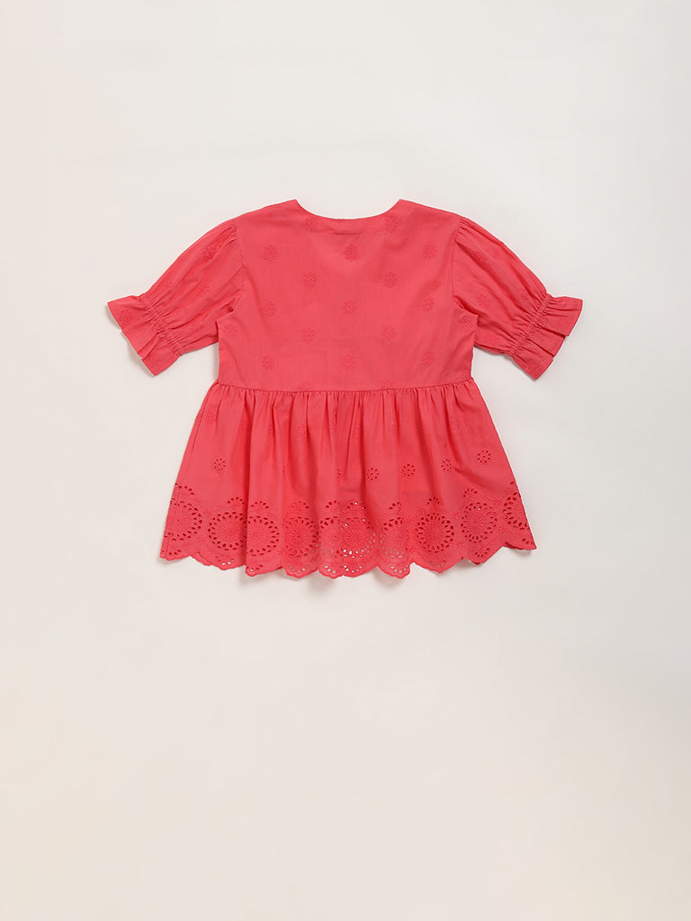 Utsa Kids Coral Schiffli Design Cotton Dress - (2 -8yrs)