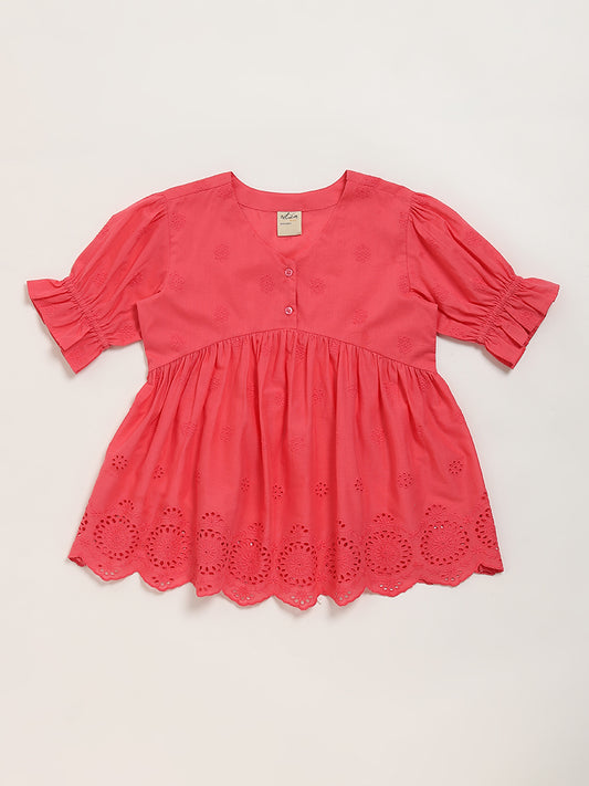 Utsa Kids Coral Schiffli Design Cotton Dress (8 -14yrs)