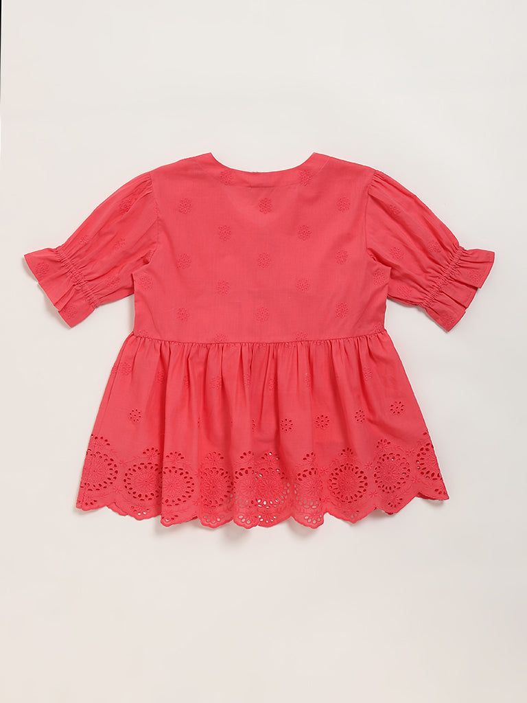 Utsa Kids Coral Schiffli Design Cotton Dress - (8 -14yrs)