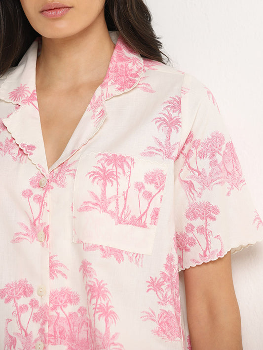 Wunderlove Pink Tropical Inspired Cotton Shirt with Mid-Rise Pyjamas Set